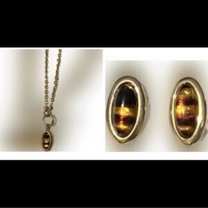 ❌Vintage Necklace Earrings Tiger Eye Pendant Gold Chain Jewelry 16”